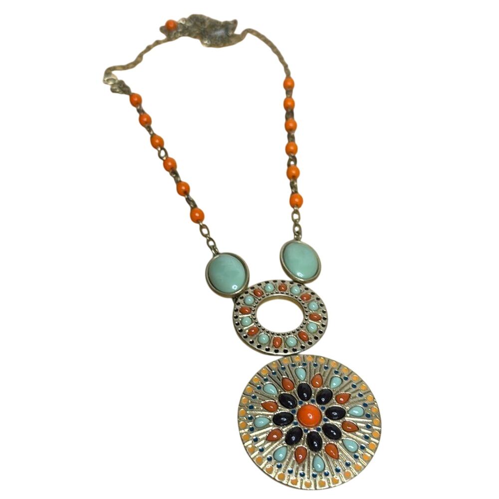 Lia Sophia Boho Statement Necklace Silver Tone Multicolor Medallion Pendant 32”